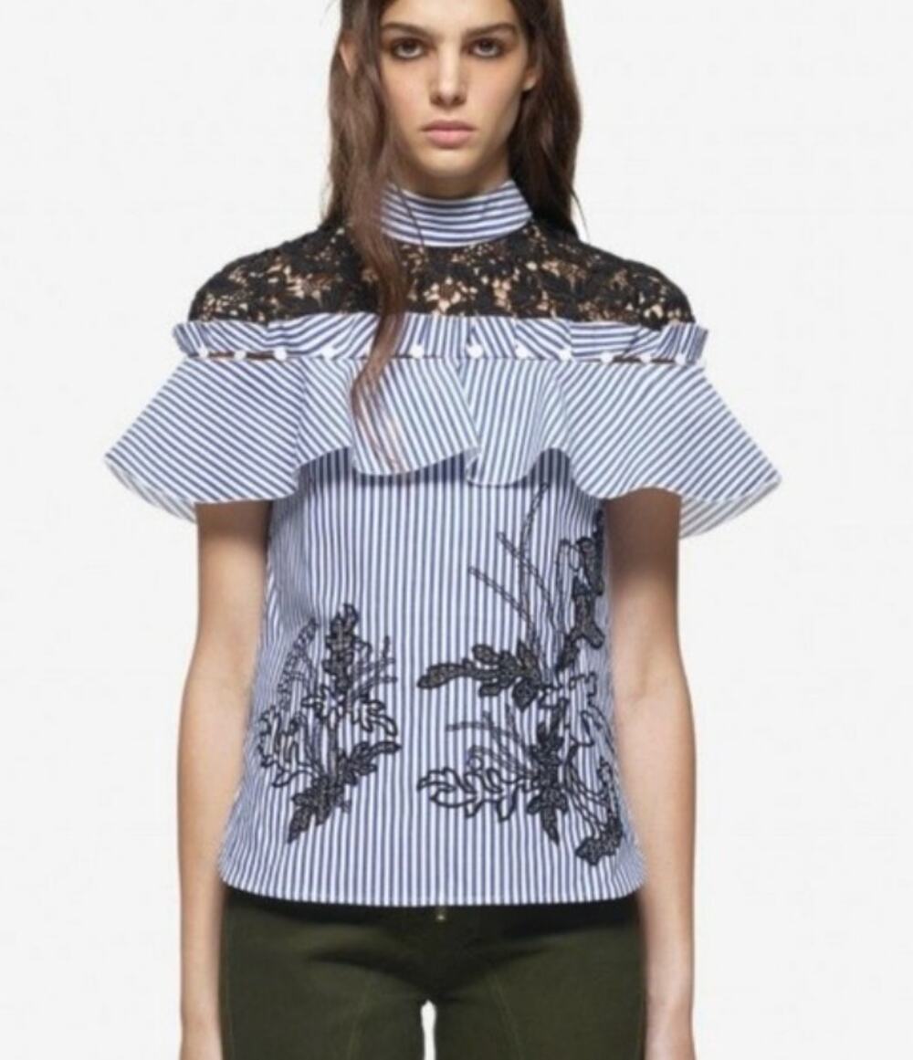 NWT Self Portrait Cutwork Embroidery Frill Shirt in Blue sz 4